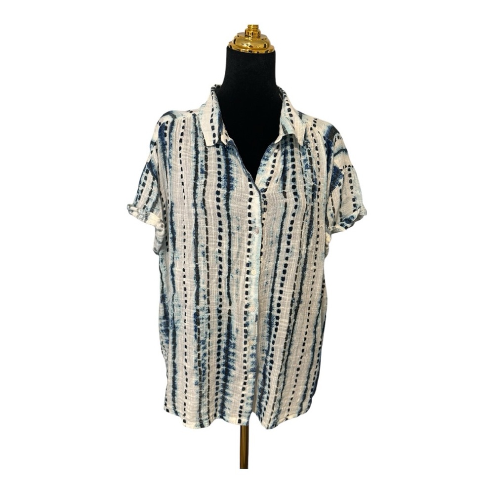Sundance Blue and White Striped Lightweight Cotton Blend Button Down Shirt Sz L